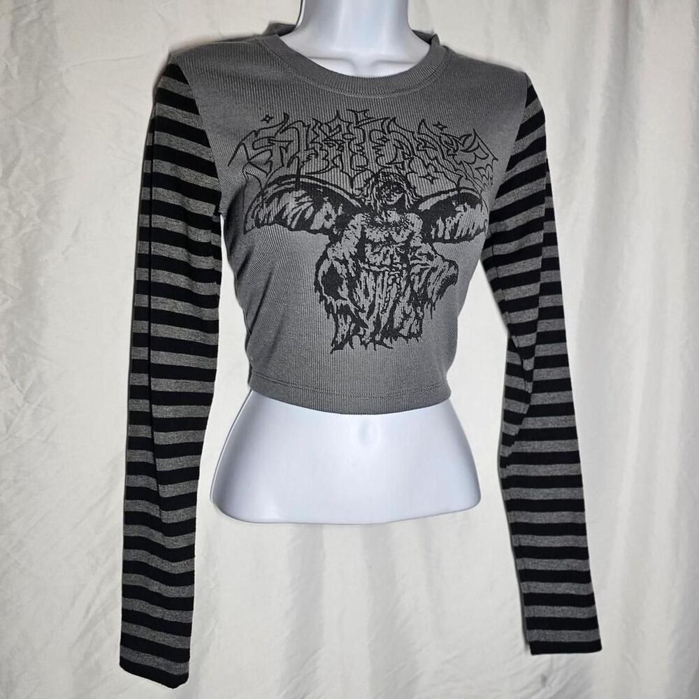 grunge emo goth grey gym athletic crop long sleeve top